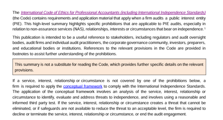 Prohibitions to the IESBA code cover page