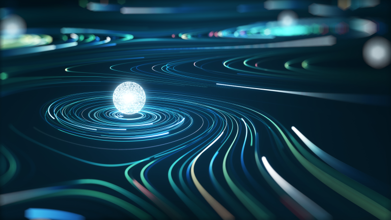 IESBA Hero Image for their Strategy and Work Plan. A digital ball in the middle with swirling digital beams spinning around it