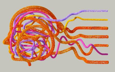 Artifically generated image of a human head made of bright strings