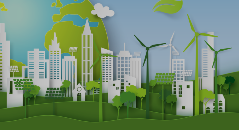 Cityscape drawing with wind turbines and a globe