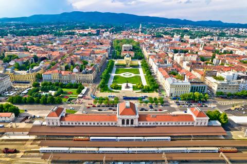 Park and train station in Zagreb, Croatia from above